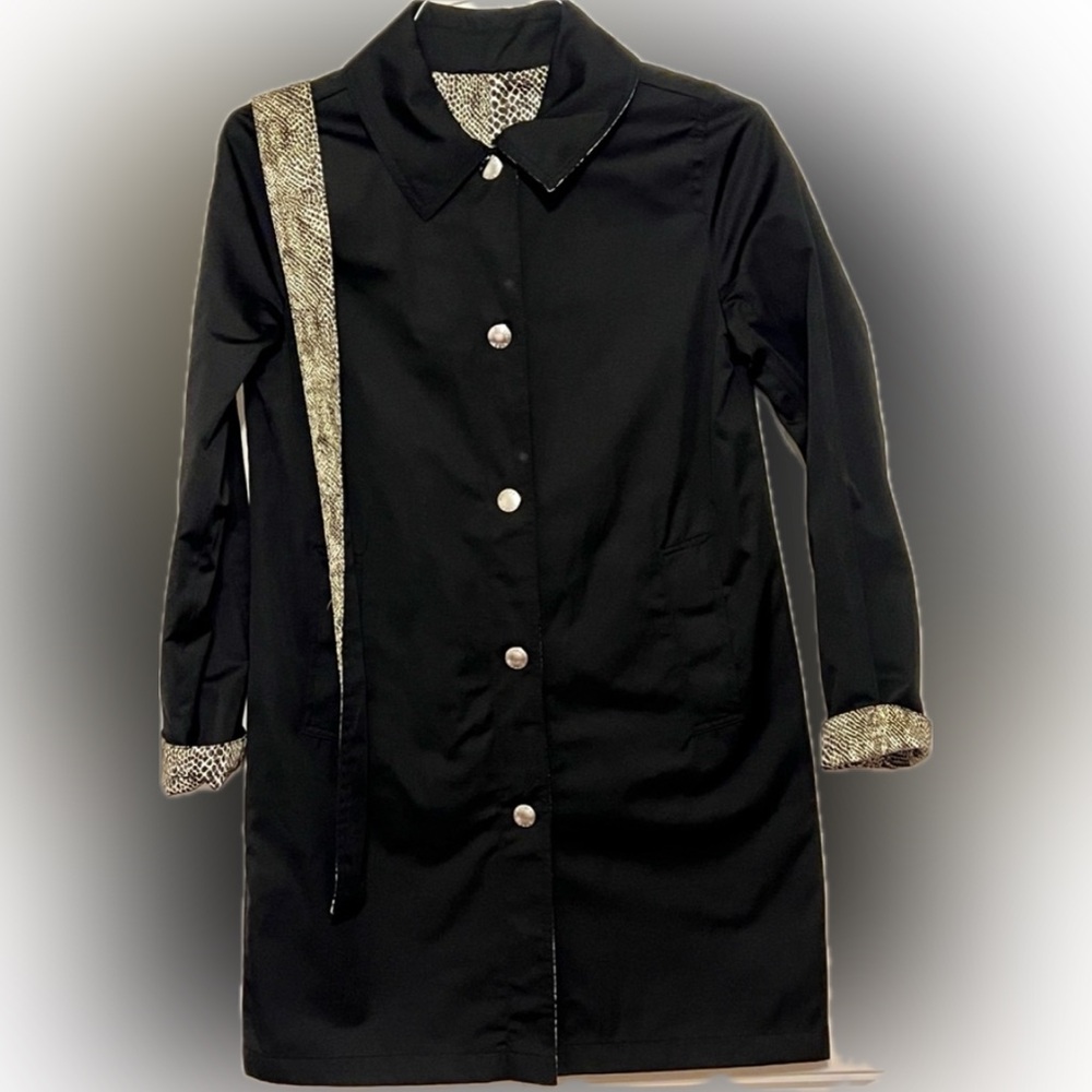Michael Kors Black Tan Snake Print Rain Trench Jacket‎ Reversible With Belt XS